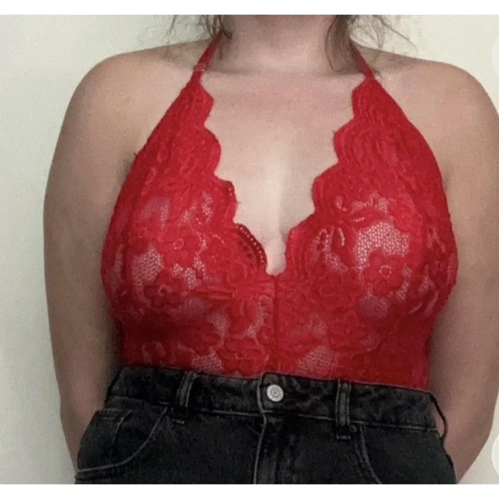 Floral Lace Halter Bodysuit‎ Plunging Neckline Low Back Adjustable Red M - Picture 2 of 14